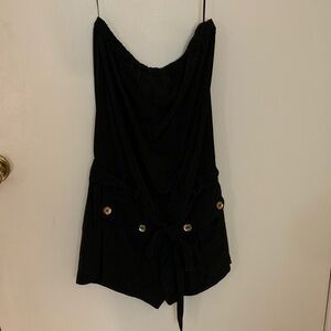 Express Black Strapless Jumpsuit with Gold Accents and pockets in front and back